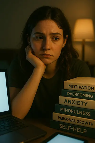 Woman overwhelmed by self-improvement tools when growth pressure steals your peace