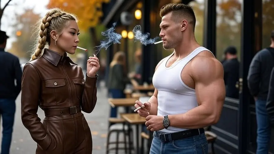 Woman smoking and talking with a friend outside a café, seeking validation and external approval through conversation. Represents the social habit of relying on others for self-worth and confirmation.