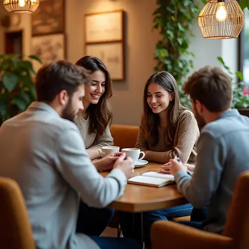 Young adults enjoying a joyful moment in a cozy cafe, practicing self-care after 20s to 40s