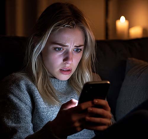 a blond woman Person scrolling phone at night, overwhelmed expression, seeing endless life updates – emotional realism