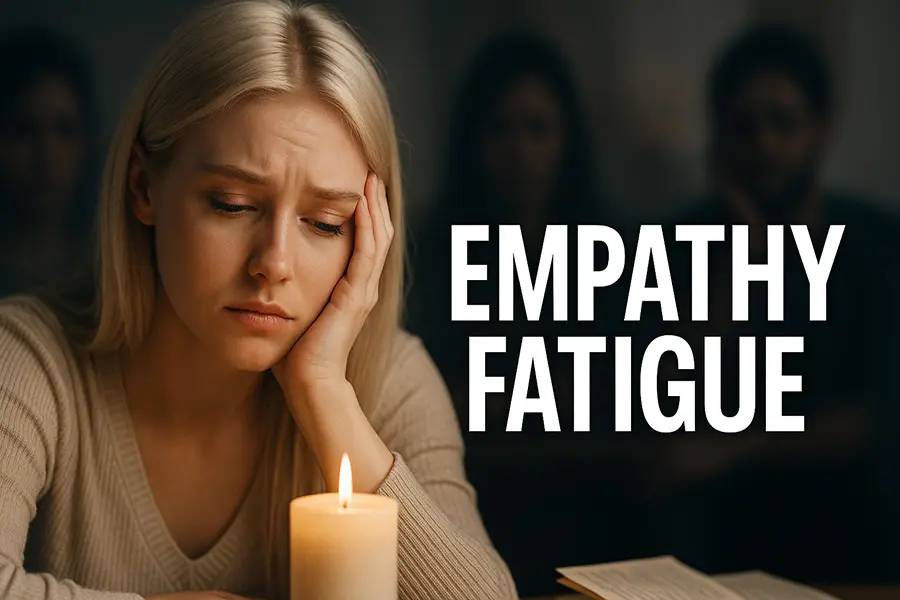a mother feeling empathy fatigue from constant exposure to emotional distress