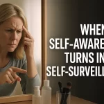 a person anxiously self-monitoring in mirror - When Self-Awareness Turns Into Self-Surveillance
