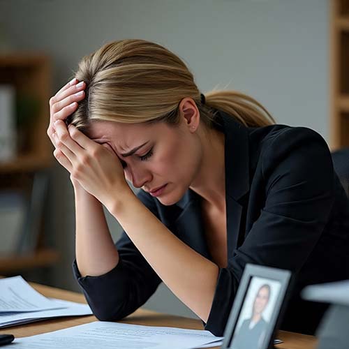 a very blond beautiful person overwhelmed by shame after minor mistake at work