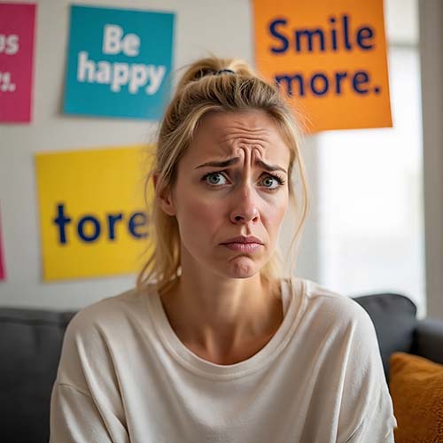 person feeling pressure to maintain constant happiness despite inner anxiety