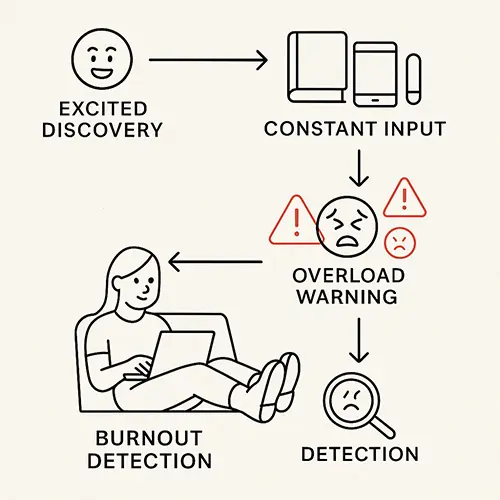 engaging infographic in a minimalist line art style showing a flowchart of self-help consumption