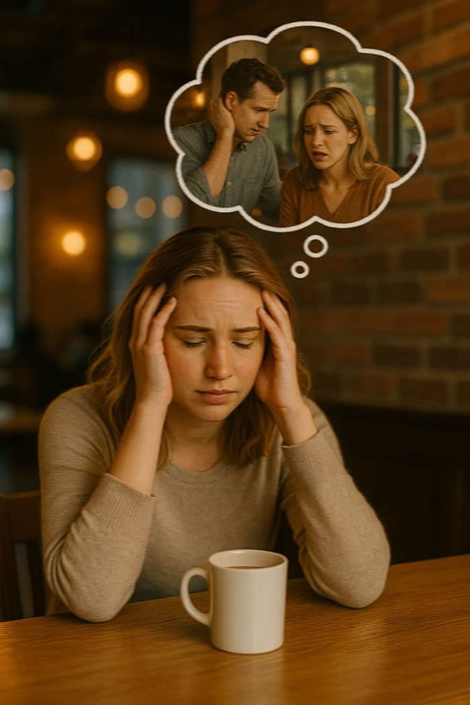 feels about replaying an awkward moment in a cozy coffee shop, feeling self-punishment