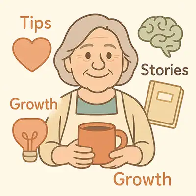 Site character with heart, brain, and journal icons, representing mental health and self-care content.