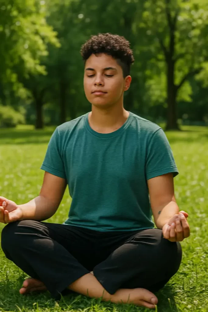 simple practicing mindfulness to ease decision paralysis in a serene park