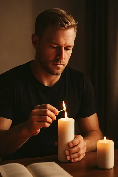 lights a candle in a cozy room, symbolizing the quiet act of honoring past relationships while embracing personal growth