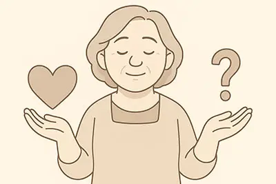 holding a heart and a question mark, reflecting the emotional responsibility disclaimer