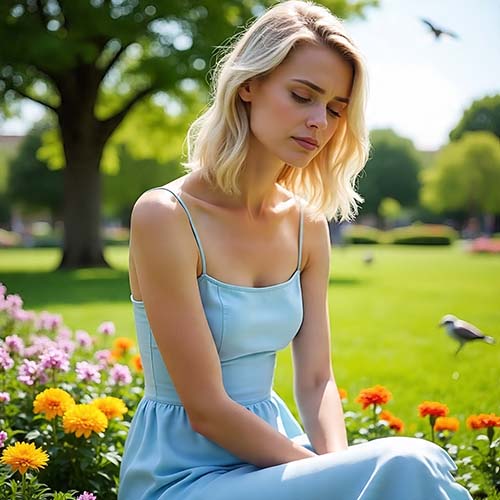 a blond woman person feeling anxious even when life seems calm and stable
