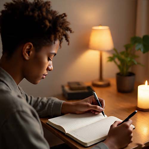 person journaling mixed feelings to release happiness pressure