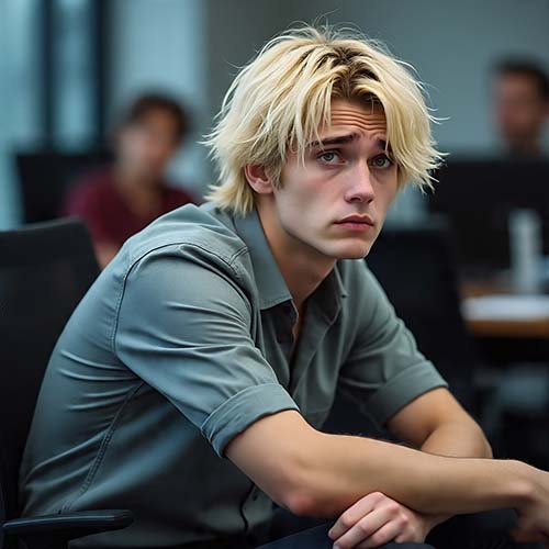 a blond person struggling with discomfort admitting uncertainty