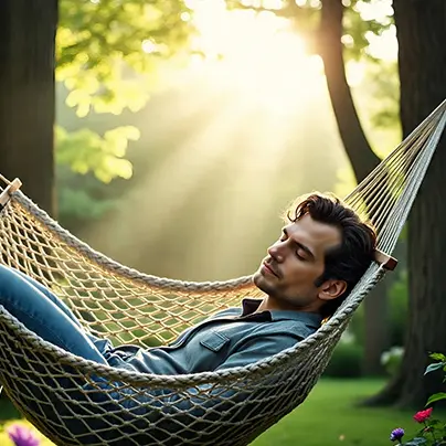 Person resting in a hammock in a peaceful backyard for self-care