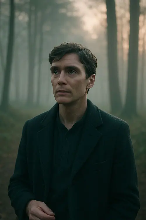 Person reflecting on AvPD fears in a misty forest with hopeful dawn light