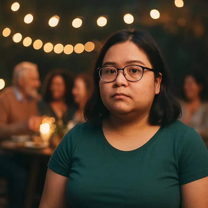 stands apart at a lively family gathering, reflecting the quiet isolation of outgrowing family dynamics.