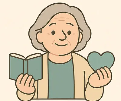 my site character with book and heart, symbolizing respectful use of mental health content