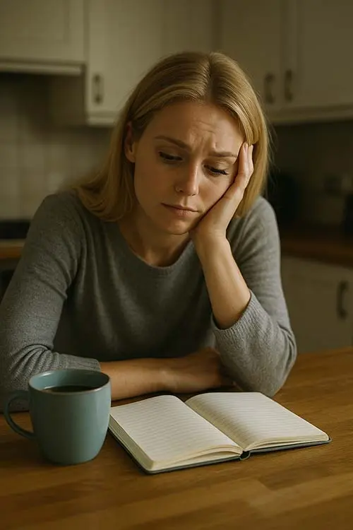 tired woman overwhelmed by self-care expectations, sitting alone with tea and journal