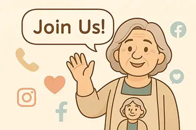 waving with “Join Us!” speech bubble, inviting connection for mental wellness community