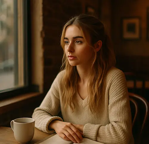 reflecting on Avoidant Personality Disorder in a cozy cafe with warm light