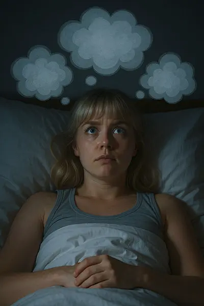 Person struggling with racing thoughts at night, keyword: tired but wired