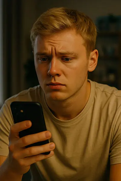 Person comparing themselves to social media ideals, feeling optimization anxiety