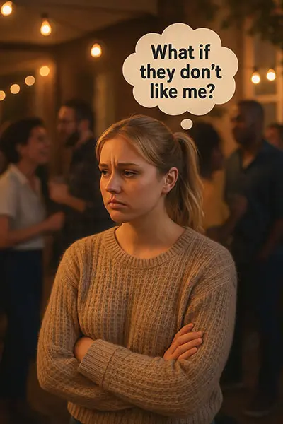 Person with AVPD feeling anxious at a social event, fearing rejection