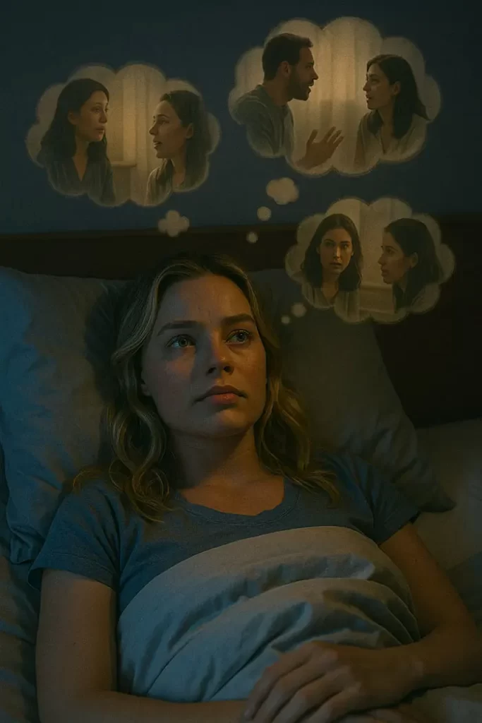 Person replaying past conversations in bed under moonlight