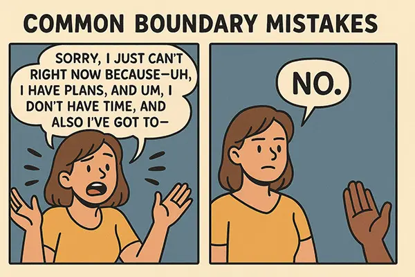 Common emotional boundary mistakes – funny guide to avoid over-explaining and guilt traps.