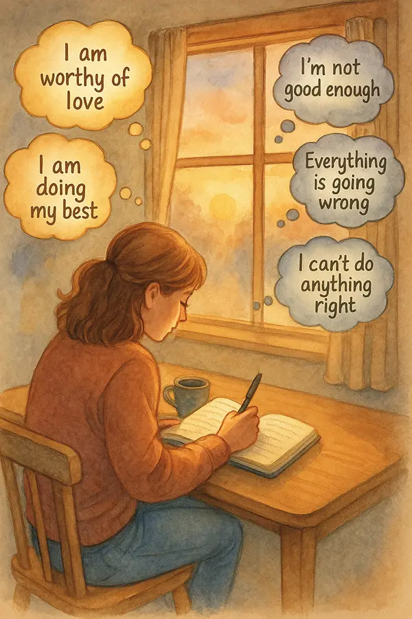 Cozy journaling moment capturing the essence of self-acceptance – why not try it yourself?