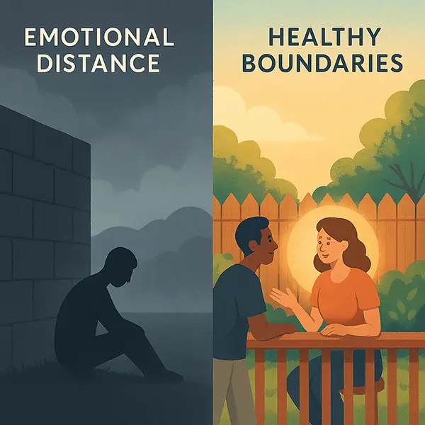Emotional distance vs healthy boundaries – visual comparison to understand protection without isolation.