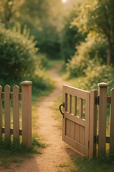 Gentle garden fence symbolizing healthy emotional boundaries with an open gate