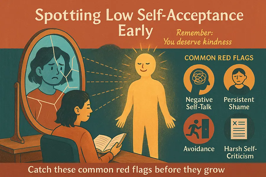 Mirror reflecting journey from self-doubt to self-acceptance – spot the signs before they take over.