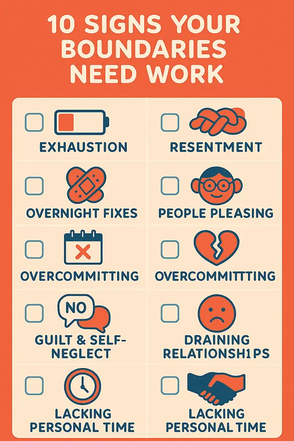 Signs you need stronger emotional boundaries – checklist to spot resentment and exhaustion before burnout hits.