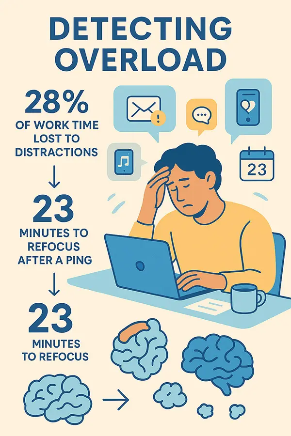 Stressed person overwhelmed by digital notifications spot the signs of lost productivity before it's too late