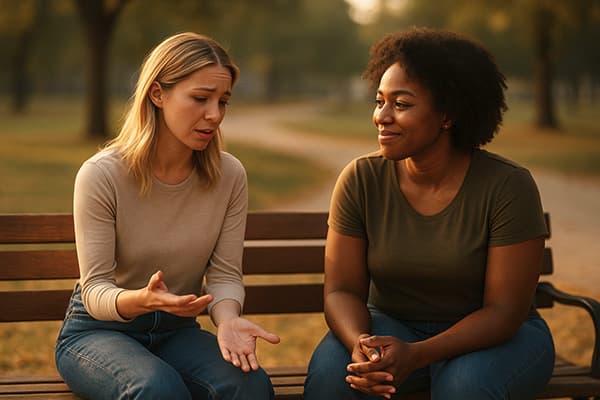 Two friends sharing a sincere conversation to repair and rebuild emotional boundaries