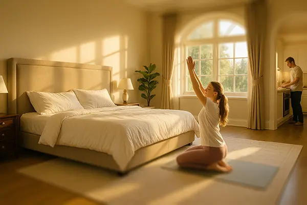 Mother practicing yoga on mat in sunlit bedroom morning routine, partner preparing healthy breakfast in background. Represents positive lifestyle factors for energized mornings: movement, sunlight, nutrition, and supportive partnership.